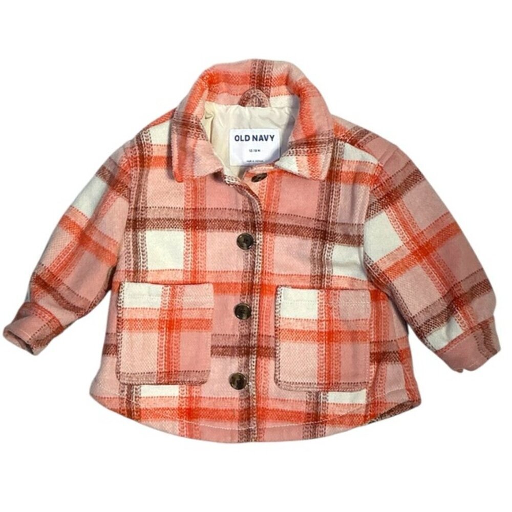 Old Navy Shacket Plaid Jacket Button Up Lined Pink Orange Girls 12-18 Months - Picture 16 of 16